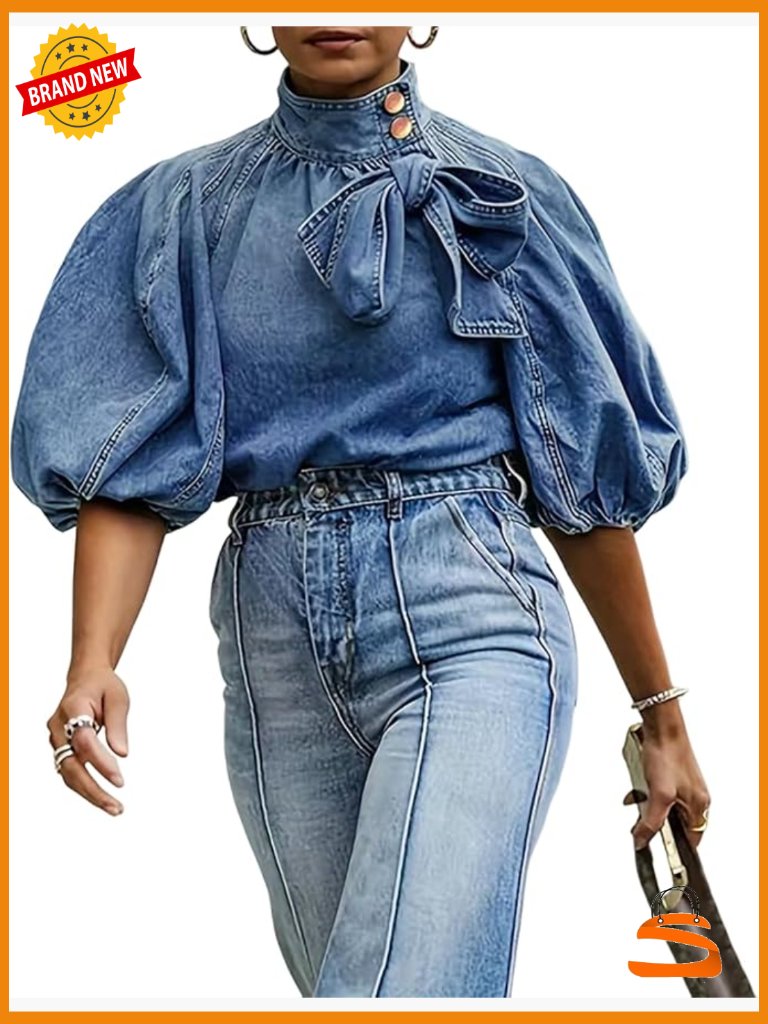 Bow Design Denim Pullover Top Button Up High Neck Jacket Puff Sleeve